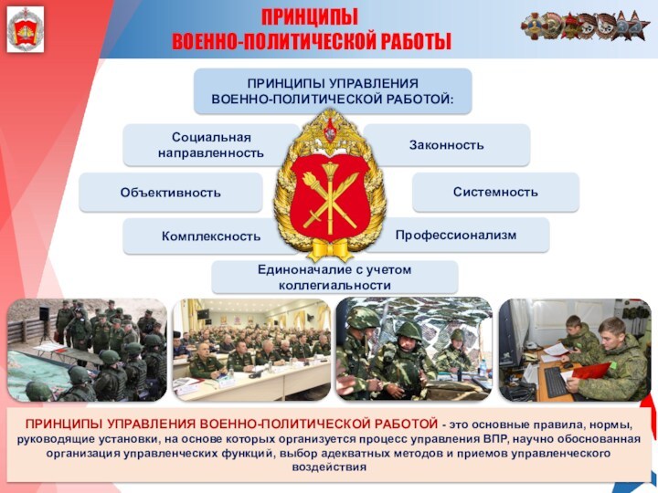 ПРИНЦИПЫ ВОЕННО-ПОЛИТИЧЕСКОЙ РАБОТЫПРИНЦИПЫ УПРАВЛЕНИЯ ВОЕННО-ПОЛИТИЧЕСКОЙ РАБОТОЙ - это основные правила, нормы, руководящие установки, на основе