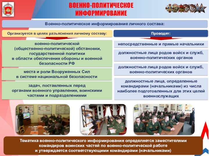 ВОЕННО-ПОЛИТИЧЕСКОЕ ИНФОРМИРОВАНИЕвоенно-политической (общественно-политической) обстановки, государственной политики в области обеспечения обороны и военной безопасности РФВоенно-политическое информирование