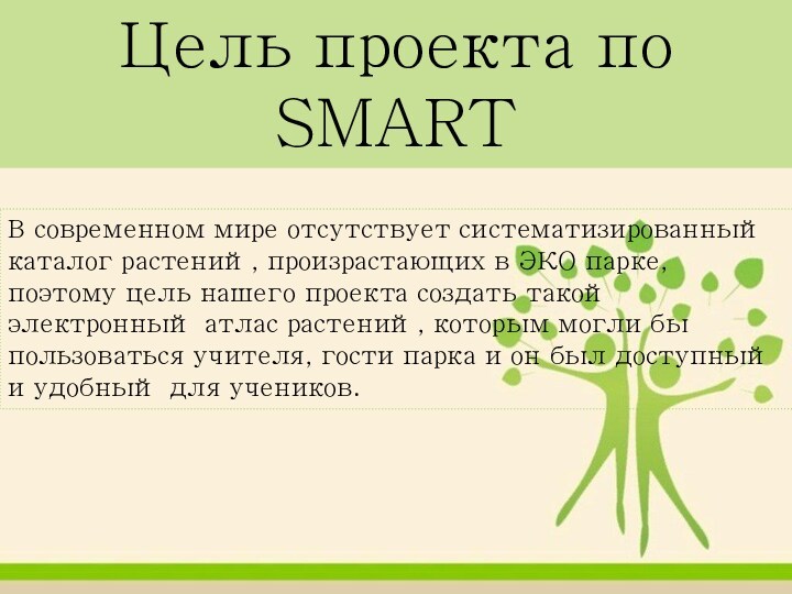 Цель проекта по SMARTВ современном мире отсутствует систематизированный каталог растений, произрастающих в ЭКО парке, поэтому