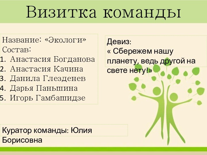 Визитка командыНазвание: «Экологи»Состав: Анастасия БогдановаАнастасия КачинаДанила ГлезденевДарья ПаньшинаИгорь ГамбашидзеДевиз:« Сбережем нашу планету, ведь другой на