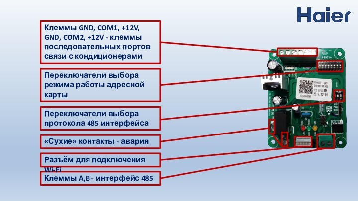 Клеммы A,B - интерфейс 485«Сухие» контакты - аварияКлеммы GND, COM1, +12V, GND, COM2, +12V -