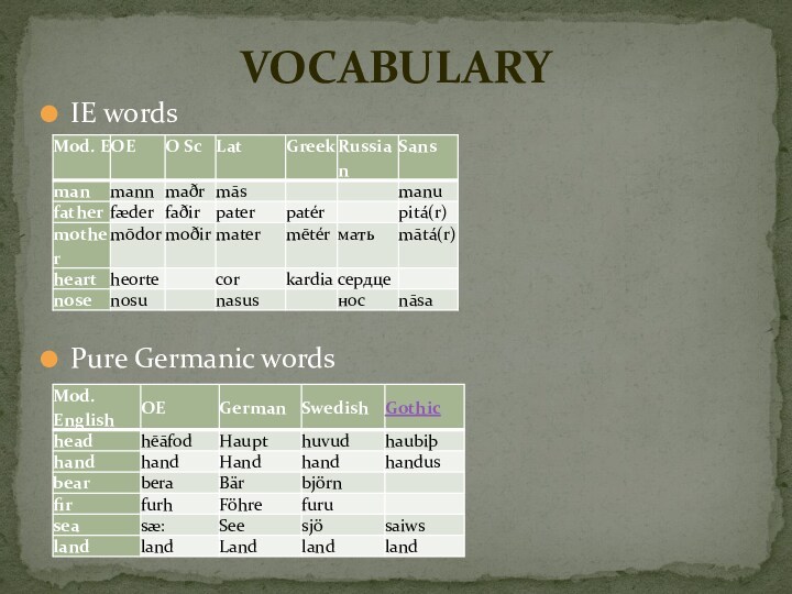 IE wordsPure Germanic wordsVOCABULARY