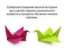 Презентация Совершенствование мелкой моторики рук у детей старшего дошкольного возраста в процессе обучения техники оригами